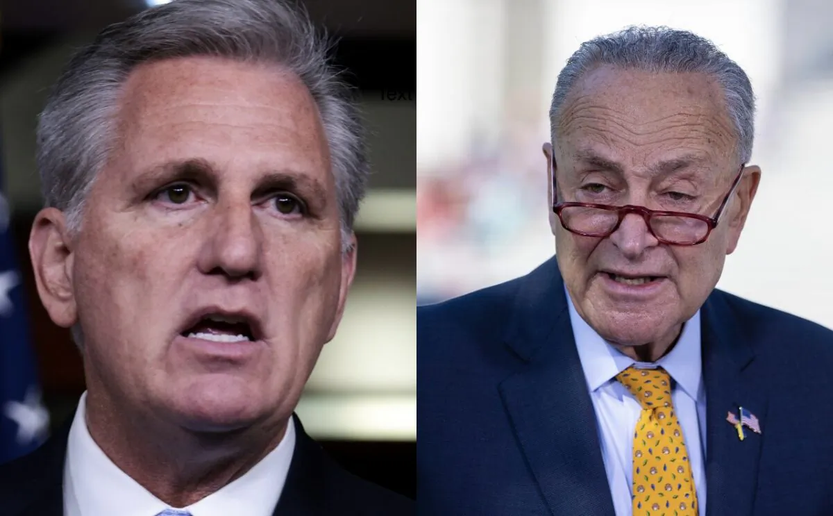 (Left) House Minority Leader Kevin McCarthy (R-Calif.) speaks at a press conference at the Capitol building in Washington on Aug. 27, 2021. (Anna Moneymaker/Getty Images); (Right) Senate Majority Leader Chuck Schumer (D-N.Y.) speaks to reporters in Washington on May 19, 2022. (Tasos Katopodis/Getty Images)
