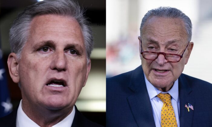 Left: House Minority Leader Kevin McCarthy (R-Calif.) speaks at a press conference at the Capitol building in Washington on Aug. 27, 2021. (Anna Moneymaker/Getty Images); (Left) Senate Majority Leader Chuck Schumer (D-N.Y.) speaks to reporters in Washington on May 19, 2022. (Tasos Katopodis/Getty Images)