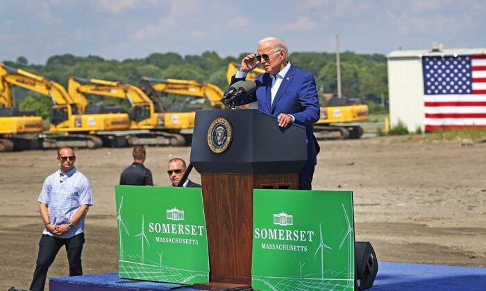 President Joe Biden delivers remarks in Somerset, Mass., on July 20, 2022, on tackling the climate crisis and seizing the opportunity of a clean energy future to create jobs and lower costs for families. (David L. Ryan/The Boston Globe via Getty Images)