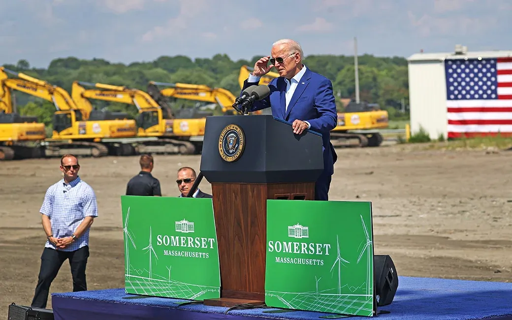President Joe Biden delivers remarks in Somerset, Mass., on July 20, 2022, on tackling the climate crisis and seizing the opportunity of a clean energy future to create jobs and lower costs for families. (David L. Ryan/The Boston Globe via Getty Images)