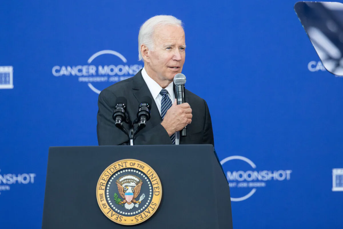 President Joe Biden delivers remarks at the John F. Kennedy Library and Museum on his Cancer Moonshot initiative, in Boston, Mass., on Sept. 12, 2022. (Scott Eisen/Getty Images)