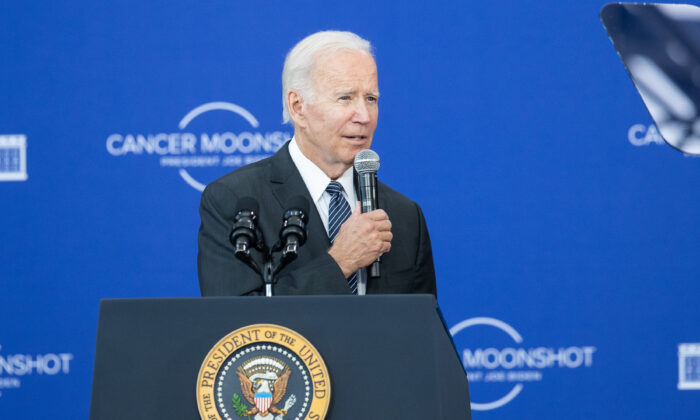 President Joe Biden delivers remarks at the John F. Kennedy Library and Museum on his Cancer Moonshot initiative, in Boston, Mass., on Sept. 12, 2022. (Scott Eisen/Getty Images)