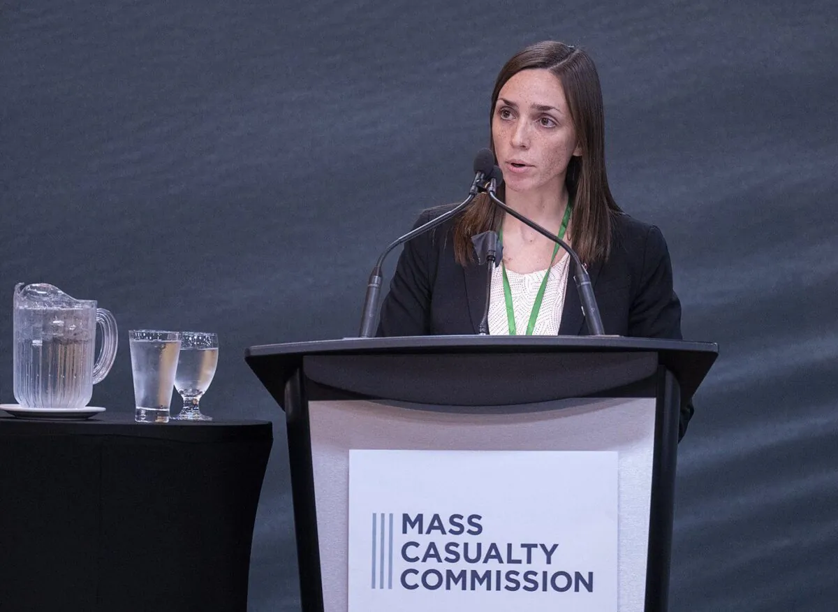 Sandra McCulloch, a lawyer with Patterson Law, representing many of the families of victims of the 2020 Nova Scotia mass shooting, addresses the Mass Casualty Commission inquiry into the killings in rural Nova Scotia on April 18/19, 2020, in Truro, N.S., on Sept. 20, 2022. (The Canadian Press/Andrew Vaughan)