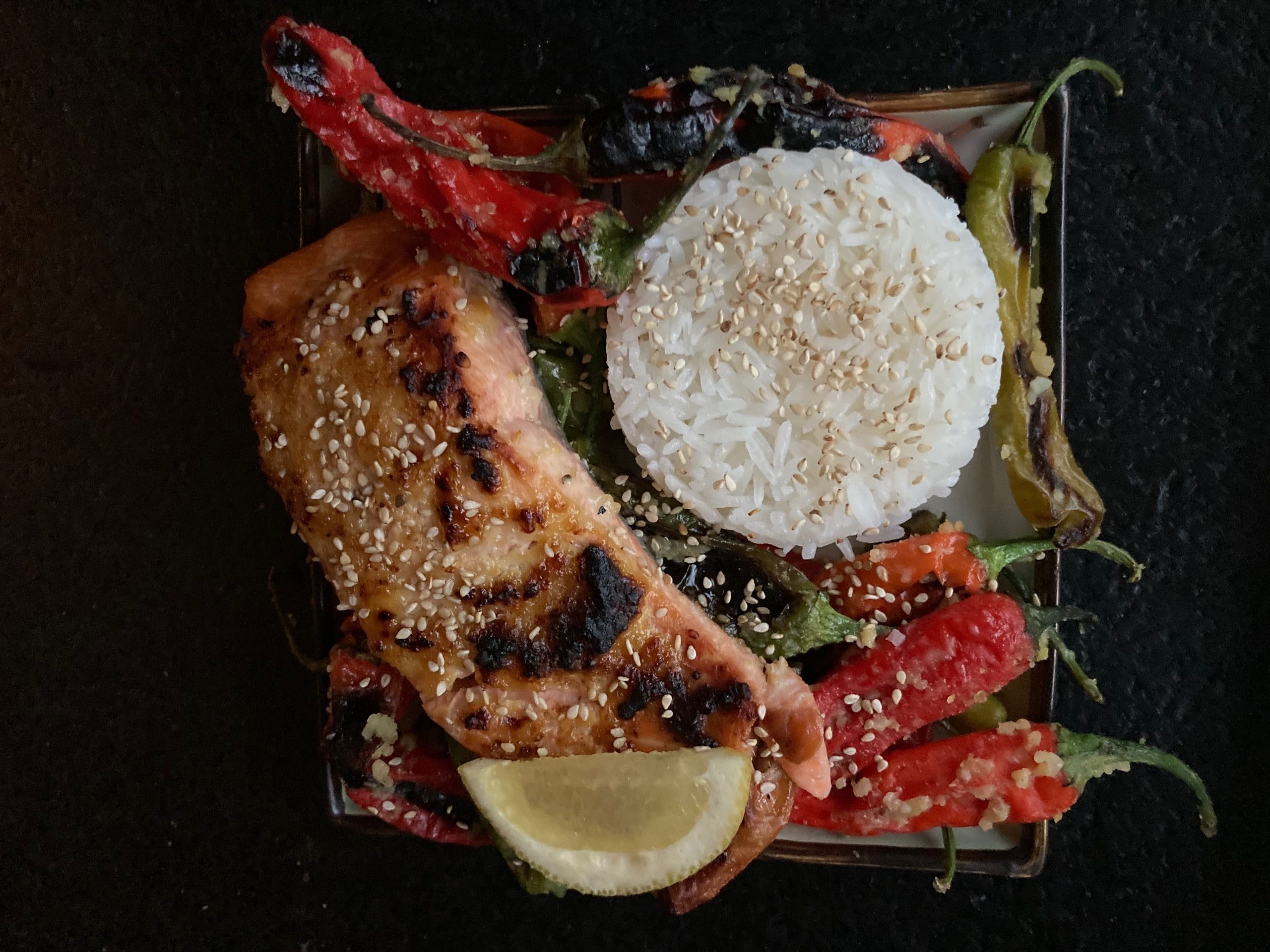 miso shishito and salmon