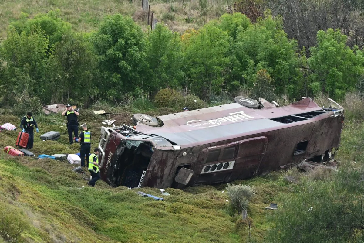 The scene of a collision between a school bus and a truck in Bacchus Marsh, Greater Melbourne, Wednesday, September 21, 2022. (AAP Image/Joel Carrett) 