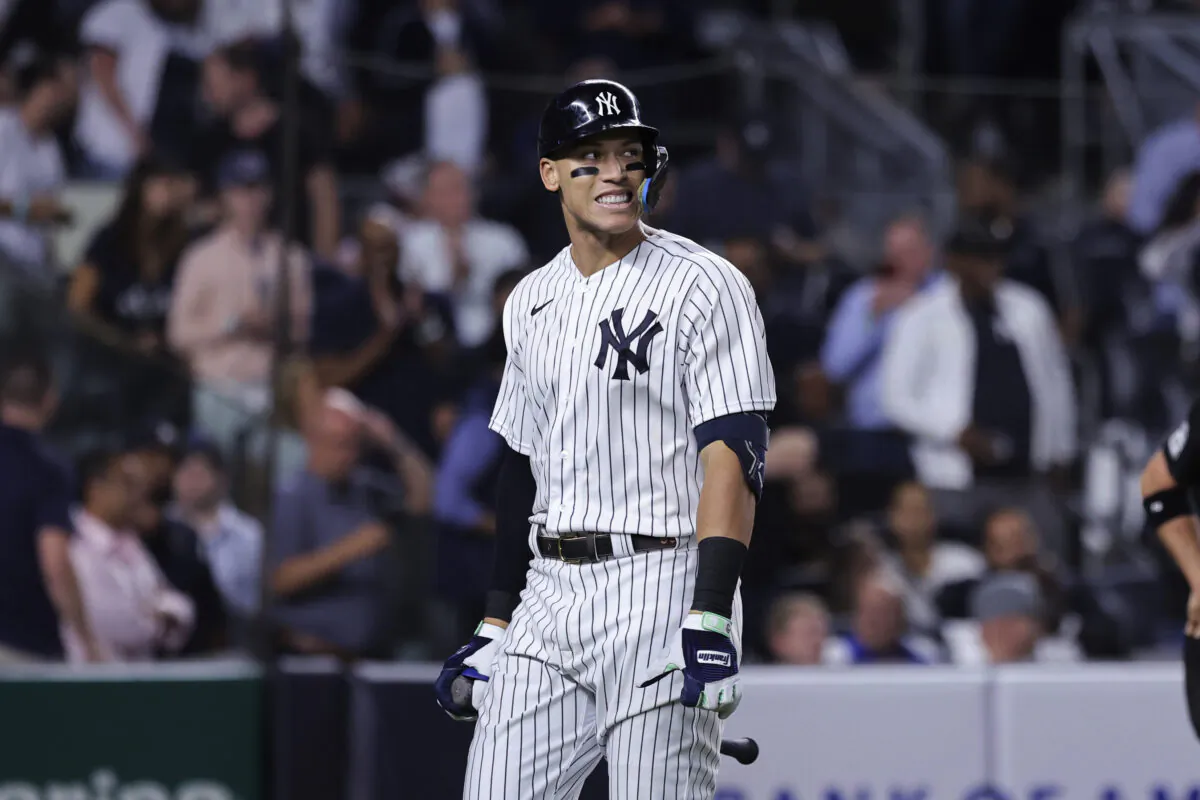 New York Yankees' Aaron Judge reacts after striking out against the Pittsburgh Pirates during the sixth inning of a baseball game in New York on Sept. 20, 2022. (Jessie Alcheh/AP Photo)