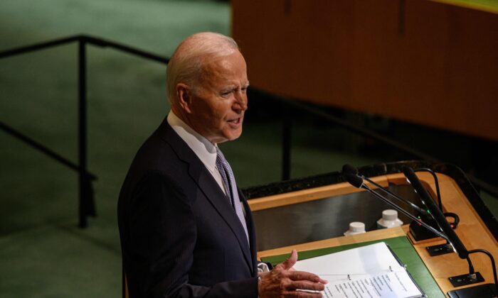 President Joe Biden addresses the 77th session of the United Nations General Assembly at the UN headquarters in New York City on Sept. 21, 2022. (Ed Jones/AFP via Getty Images)