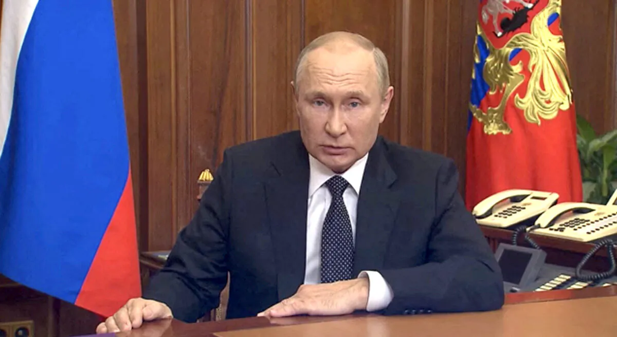 Russian President Vladimir Putin makes an address on the conflict with Ukraine, in Moscow on Sept. 21, 2022, in this still image from video. (Russian Presidential Press Service/Kremlin via Reuters)