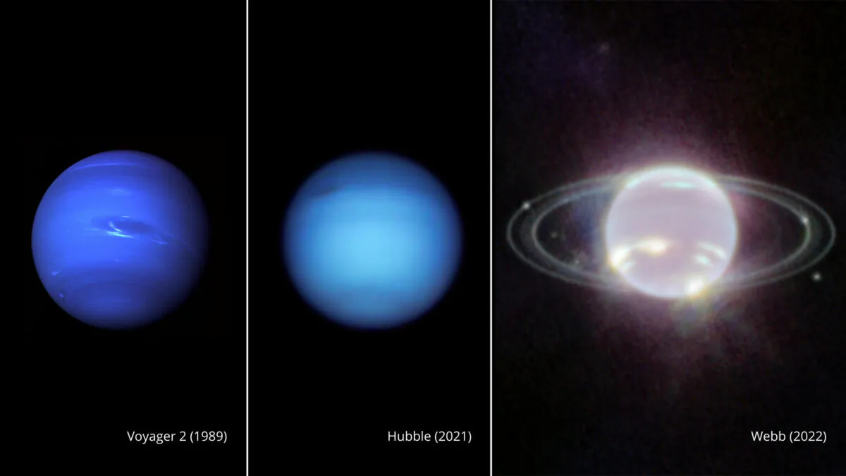 A photo of Neptune taken by Voyager 2 in 1989 (L), Hubble in 2021 (C), and Webb in 2022 (R), in a composite image provided on Sept. 21, 2022. (NASA, ESA, CSA, STScI via AP)