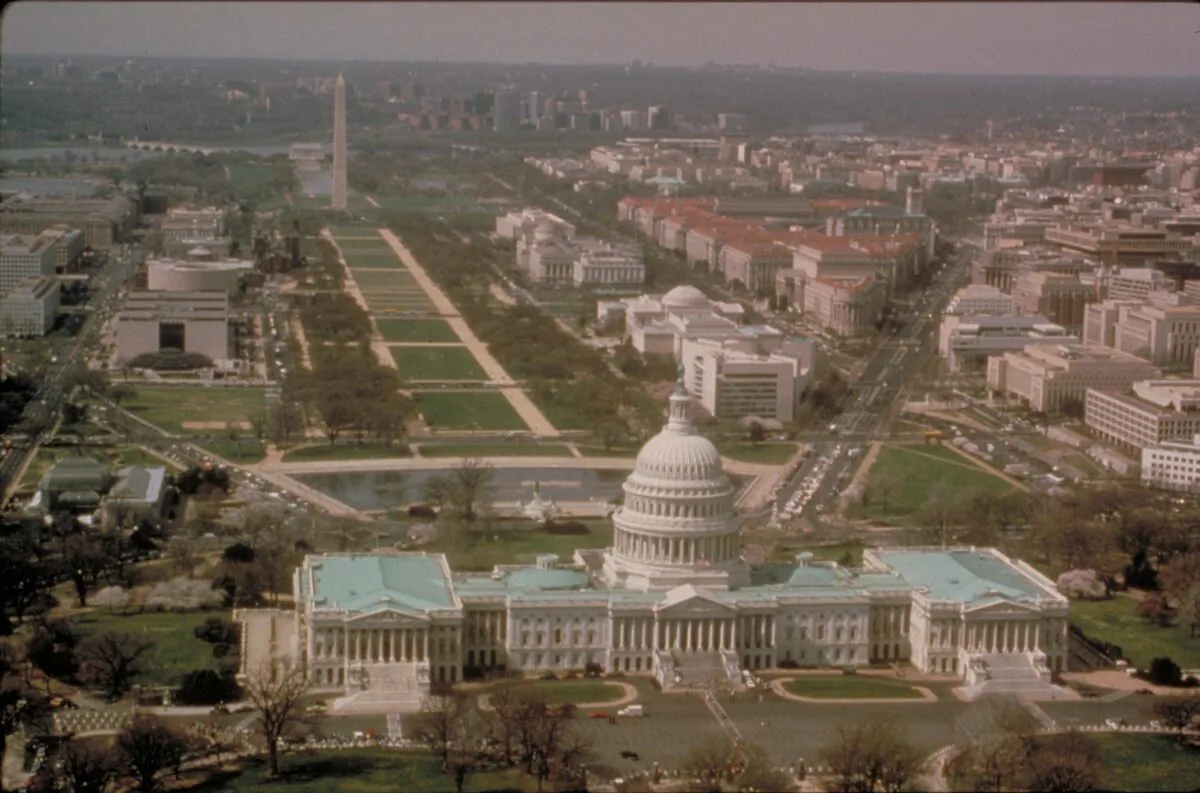 An aerial view of the National Mall from behind Capitol looking toward Washington Monument, on Nov. 18, 2003. (NPGallery.nps.gov)