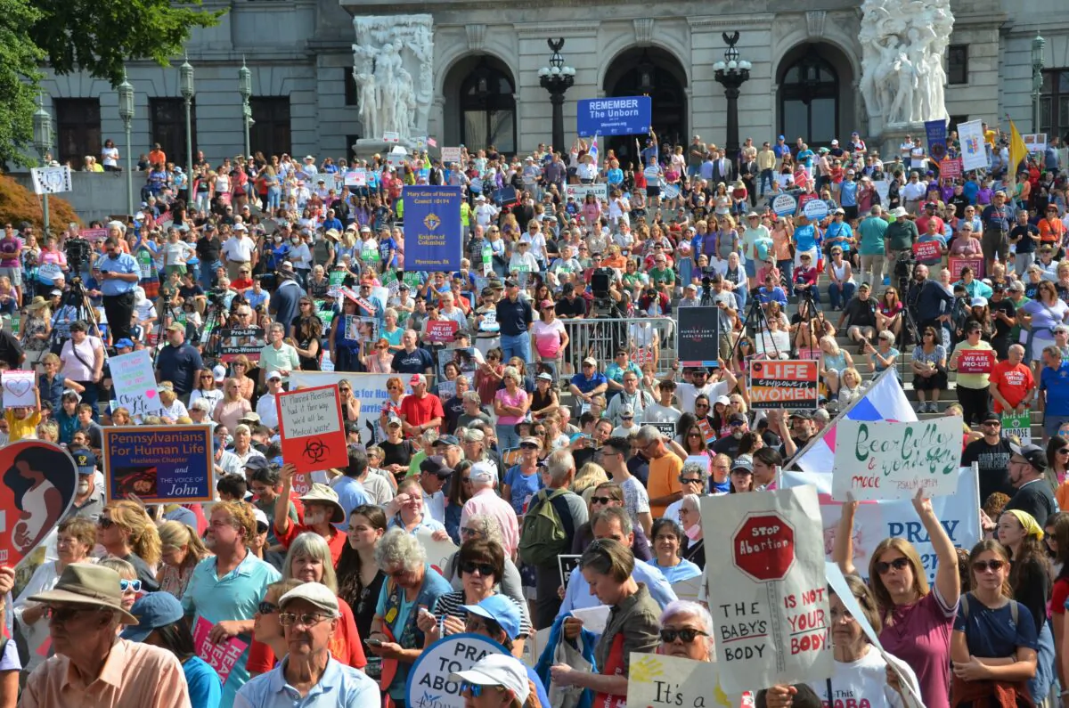 Pro-life supporters gather for a “March for Life” rally at Pennsylvanian State Capitol in Harrisburg, Pa., on Sept. 19, 2022. (Frank Liang/The Epoch Times)