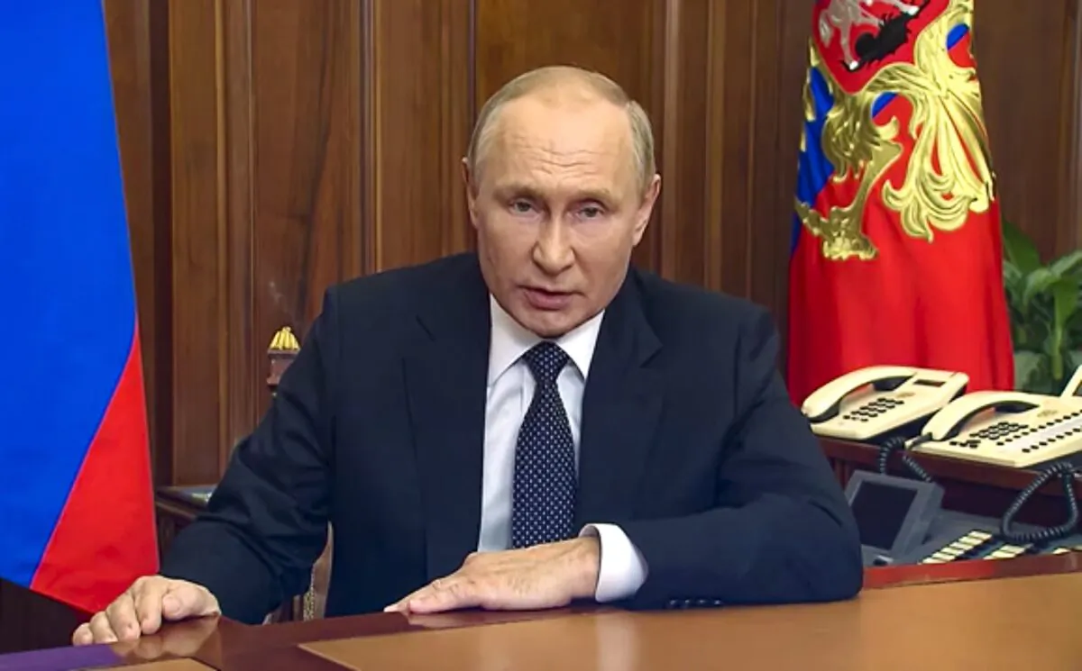 Russian President Vladimir Putin addresses the nation, in Moscow, on Sept. 21, 2022. (Russian Presidential Press Service via AP)