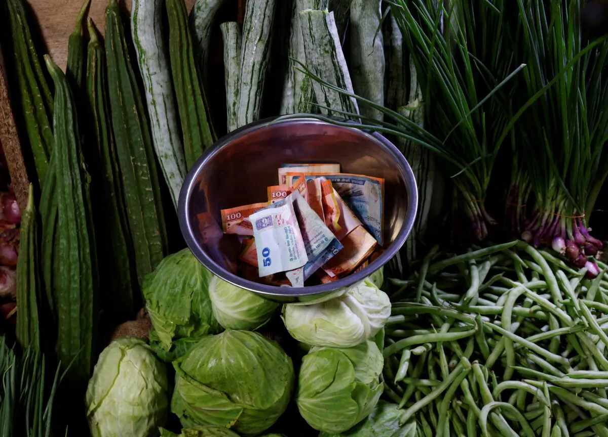 Sri Lankan rupees in a bowl at a vegetable vendor's shop amid the rampant food inflation, amid Sri Lanka's economic crisis, in Colombo, Sri Lanka, on July 29 , 2022. (Kim Kyung-Hoon/Reuters)