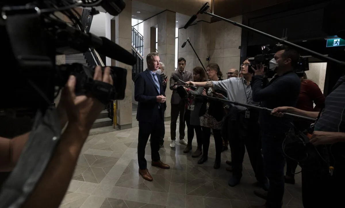 Conservative MP for Leeds-Grenville-Thousand Islands and Rideau Lakes Michael Barrett speaks with media before attending caucus, in Ottawa, Sept. 21, 2022. (The Canadian Press/Adrian Wyld)