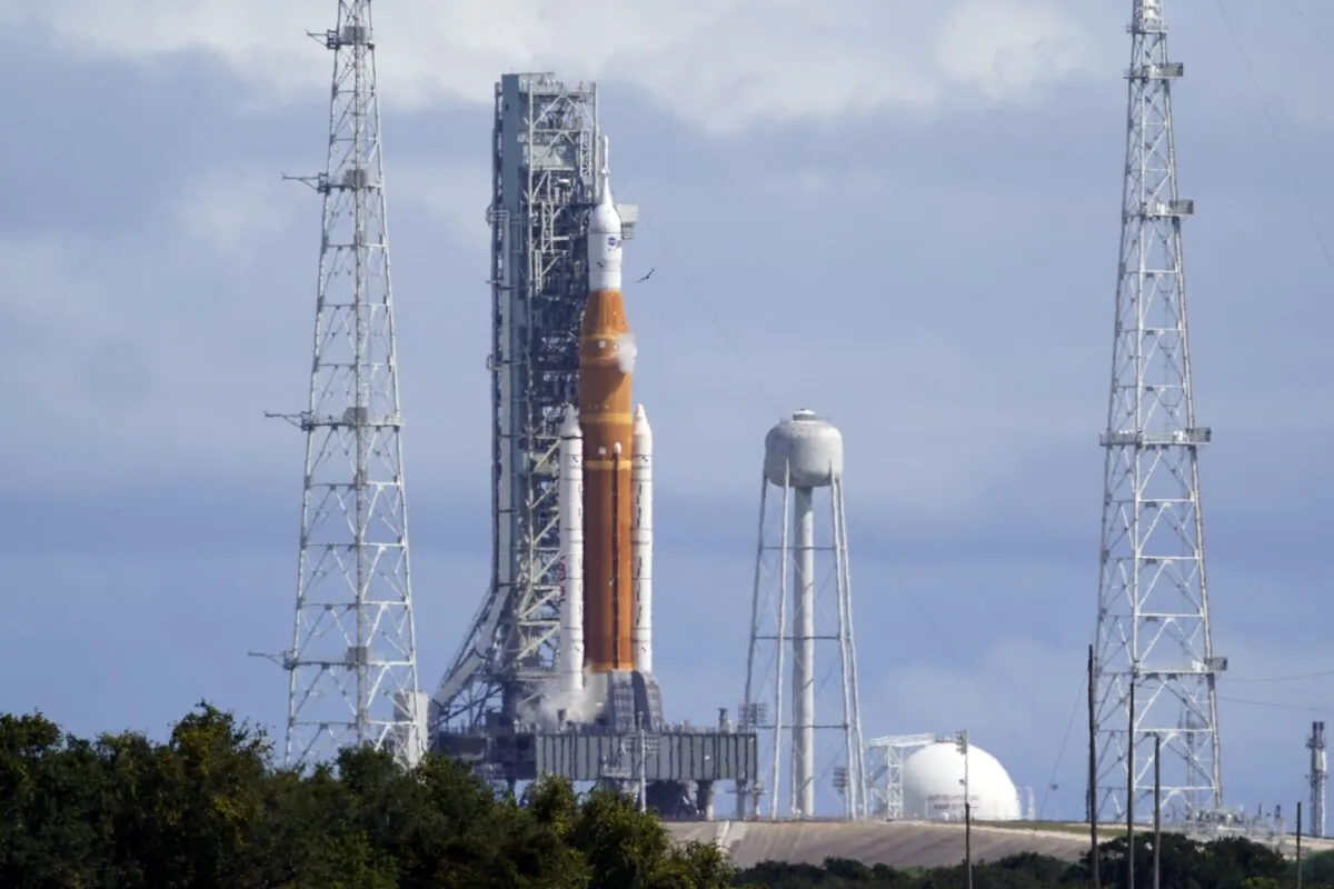 The NASA moon rocket for the Artemis mission stands on Pad 39B at the Kennedy Space Center in in Cape Canaveral, Fla., on Sept. 21, 2022. (John Raoux/AP Photo)