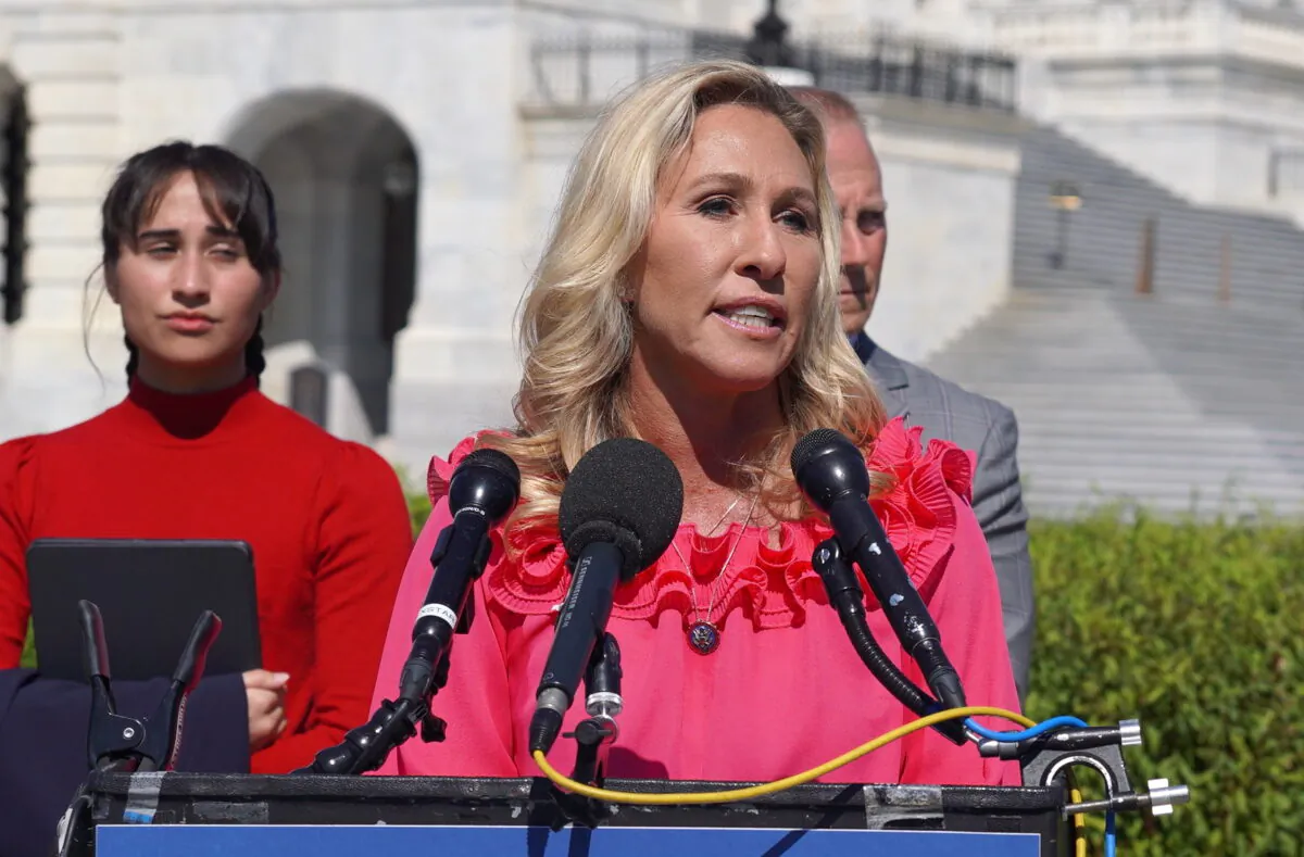 Rep. Marjorie Taylor Greene (R-Ga.) at the Protect Children's Innocence press event outside the U.S. Capitol in Washington on Sept. 20, 2022. (Terri Wu/The Epoch Times)