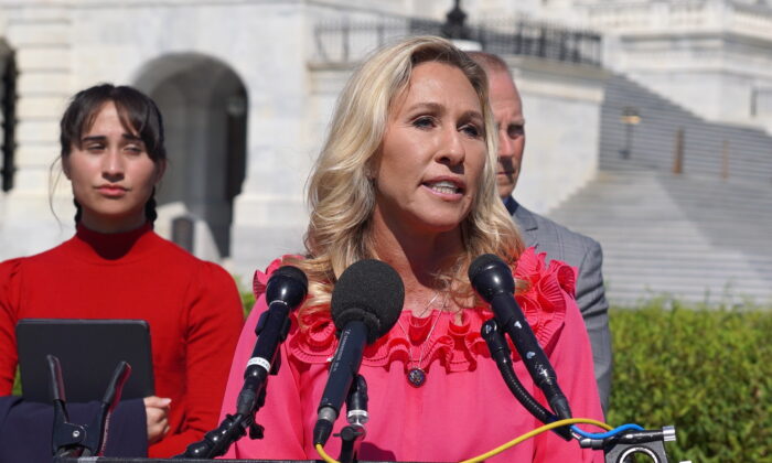 Rep. Marjorie Taylor Greene (R-Ga.) at the Protect Children's Innocence press event outside the U.S. Capitol in Washington on Sept. 20, 2022. (Terri Wu/The Epoch Times)