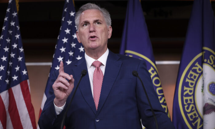 House Minority Leader Kevin McCarthy (R-Calif.) speaks during a press conference at the U.S. Capitol in Washington on July 29, 2022. (Win McNamee/Getty Images)