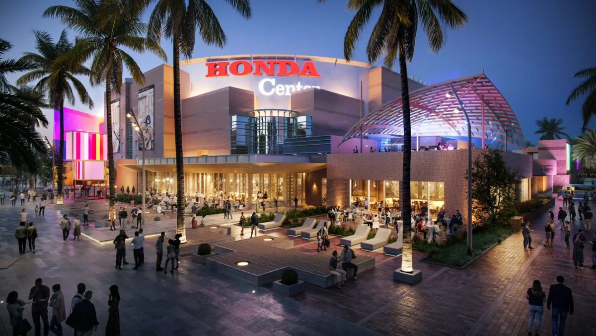 A render image of the OCVibe entertainment, food, and housing project proposed by Anaheim Ducks hockey team owners Henry and Susan Samueli to be built around the Honda Center in Anaheim, Calif. (Courtesy of OCVibe)