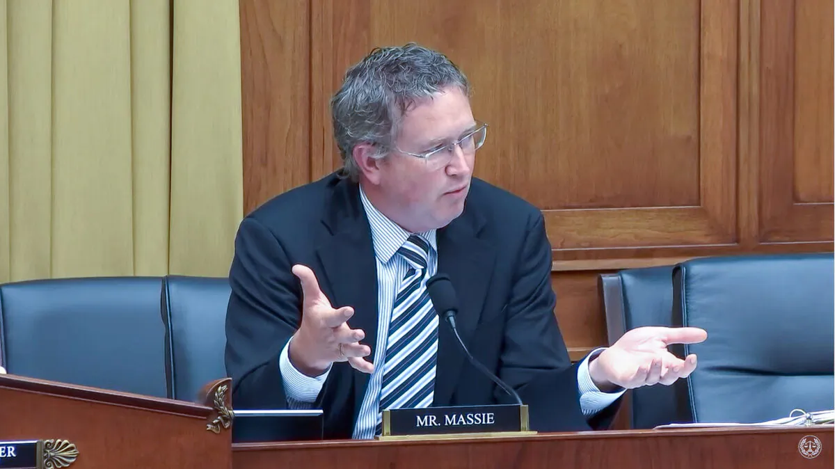 Rep. Thomas Massie (R-Kentucky) explains his resolution seeking information on Ray Epps is too important to be "memory-holed." (House Judiciary Committee/Screenshot via The Epoch Times)
