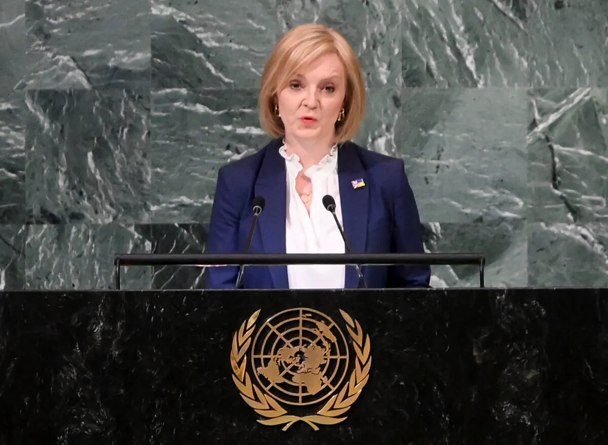 British Prime Minister Liz Truss speaks during the 77th session of the United Nations General Assembly (UNGA) at U.N. headquarters in New York City, on Sept. 21, 2022. (Toby Melville - WPA Pool/Getty Images)