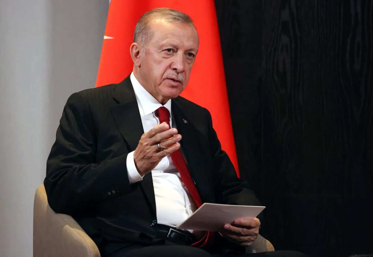 Turkish President Recep Tayyip Erdogan attends a meeting with the Russian president on the sidelines of the Shanghai Cooperation Organization leaders' summit in Samarkand on Sept. 16, 2022. (Alexandr Demyanchuk/AFP via Getty Images)