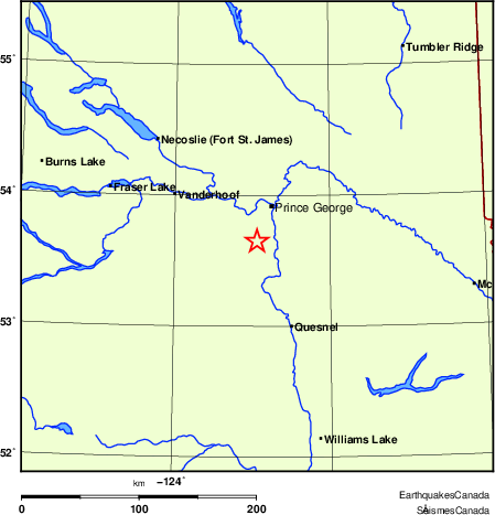 The red star marks the approximate location of the 3.4 magnitude earthquake that occurred 32 kilometres southwest of Prince George, B.C. on September 21, 2022. (Earthquakes Canada)