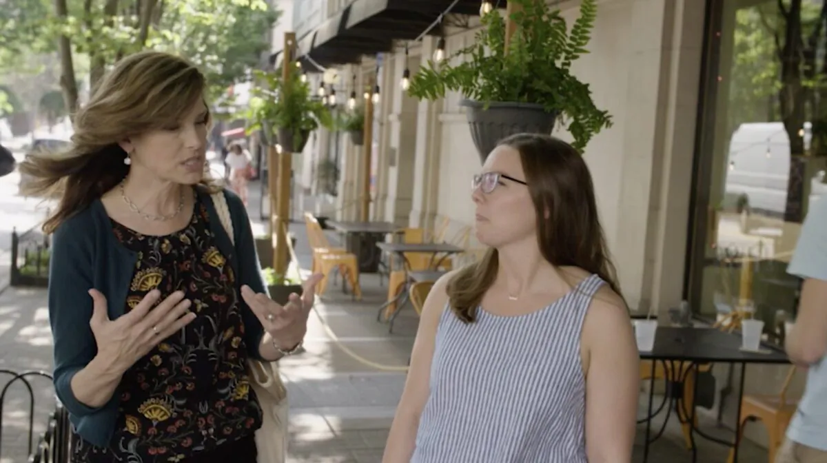 Actress Sam Sorbo (L) meets with a young mother, April Few, in Few's real-life story uncovering hidden agendas in the U.S. education system. A new movie, "Truth & Lies in American Education," follows Few's journey of discovery. (Courtesy of United States Parents Involved in Education)
