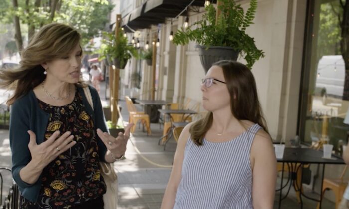Actress Sam Sorbo (L) meets with a young mother, April Few, in Few's real-life story uncovering hidden agendas in the U.S. education system. A new movie, "Truth & Lies in American Education," follows Few's journey of discovery. (Courtesy of United States Parents Involved in Education)
