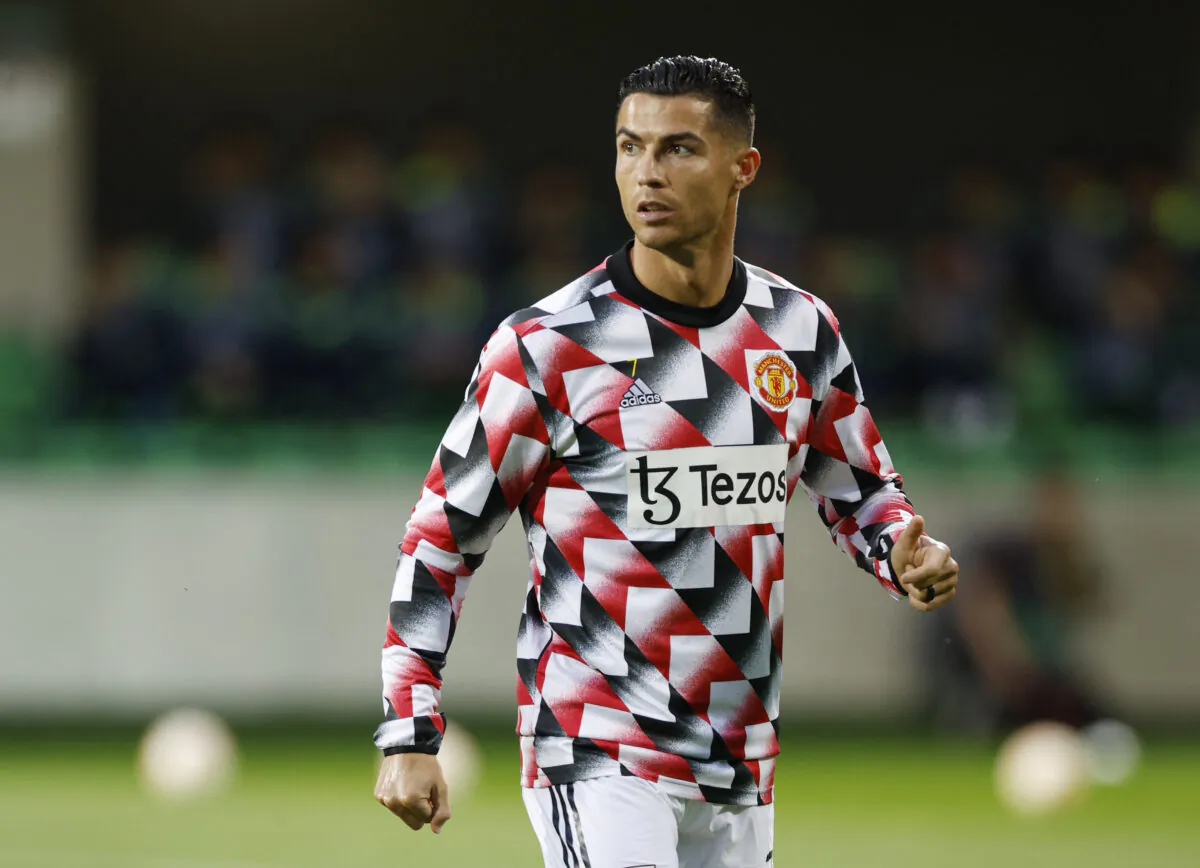 Manchester United's Cristiano Ronaldo during the warm up before the UEFA Europa League group E soccer match between Sheriff and Manchester United at Zimbru stadium in Chisinau, Moldova, on Sept. 15, 2022. (Peter Cziborra/Action Images via Reuters)