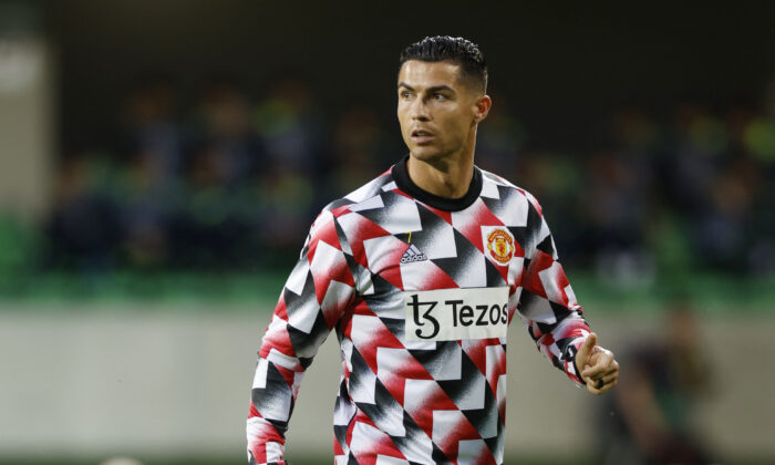 Manchester United's Cristiano Ronaldo during the warm up before the UEFA Europa League group E soccer match between Sheriff and Manchester United at Zimbru stadium in Chisinau, Moldova, on Sept. 15, 2022. (Peter Cziborra/Action Images via Reuters)