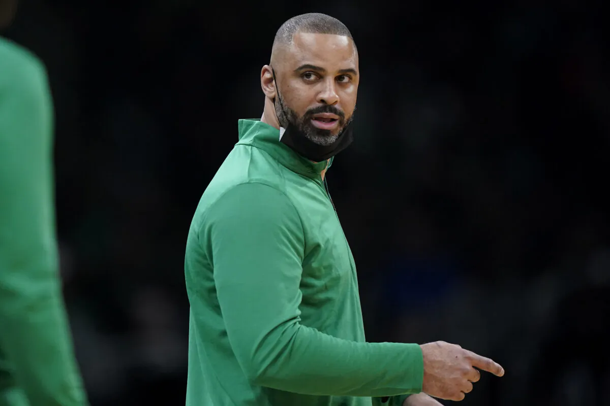 Boston Celtics head coach Ime Udoka speaks from the bench during the first half of an NBA basketball game against the Charlotte Hornets in Boston on Feb. 2, 2022. (Steven Senne/AP Photo)