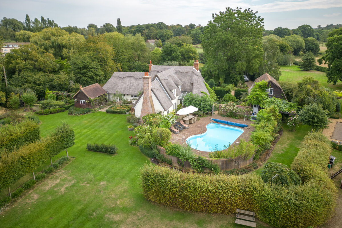 Set on the outskirts of historic Bishop’s Stortford, the property is accessed by a quiet lane that crosses a tributary of the River Stort. (Courtesy of Mullucks - Part of Hunters)