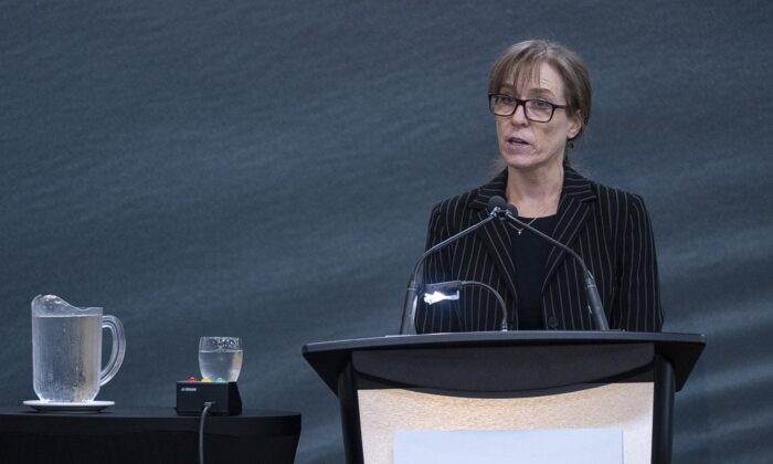 Lori Ward, representing Department of Justice Canada, addresses the Mass Casualty Commission inquiry into the mass murders in rural Nova Scotia on April 18/19, 2020, in Truro, N.S., on Sept. 23, 2022. (The Canadian Press/Andrew Vaughan)