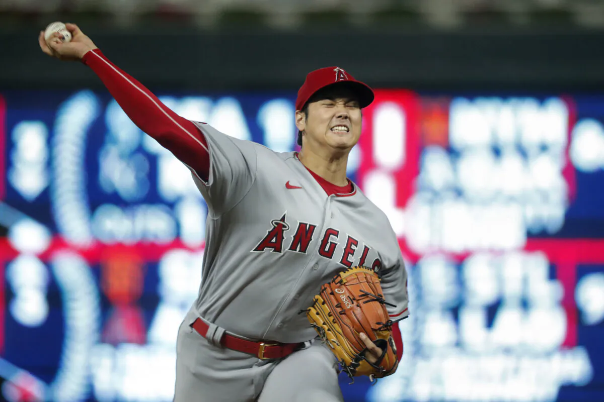 Los Angeles Angels starting pitcher Shohei Ohtani throws to a Minnesota Twins batter during the third inning of a baseball game in Minneapolis, on Sept. 23, 2022. (Bruce Kluckhohn/AP Photo)