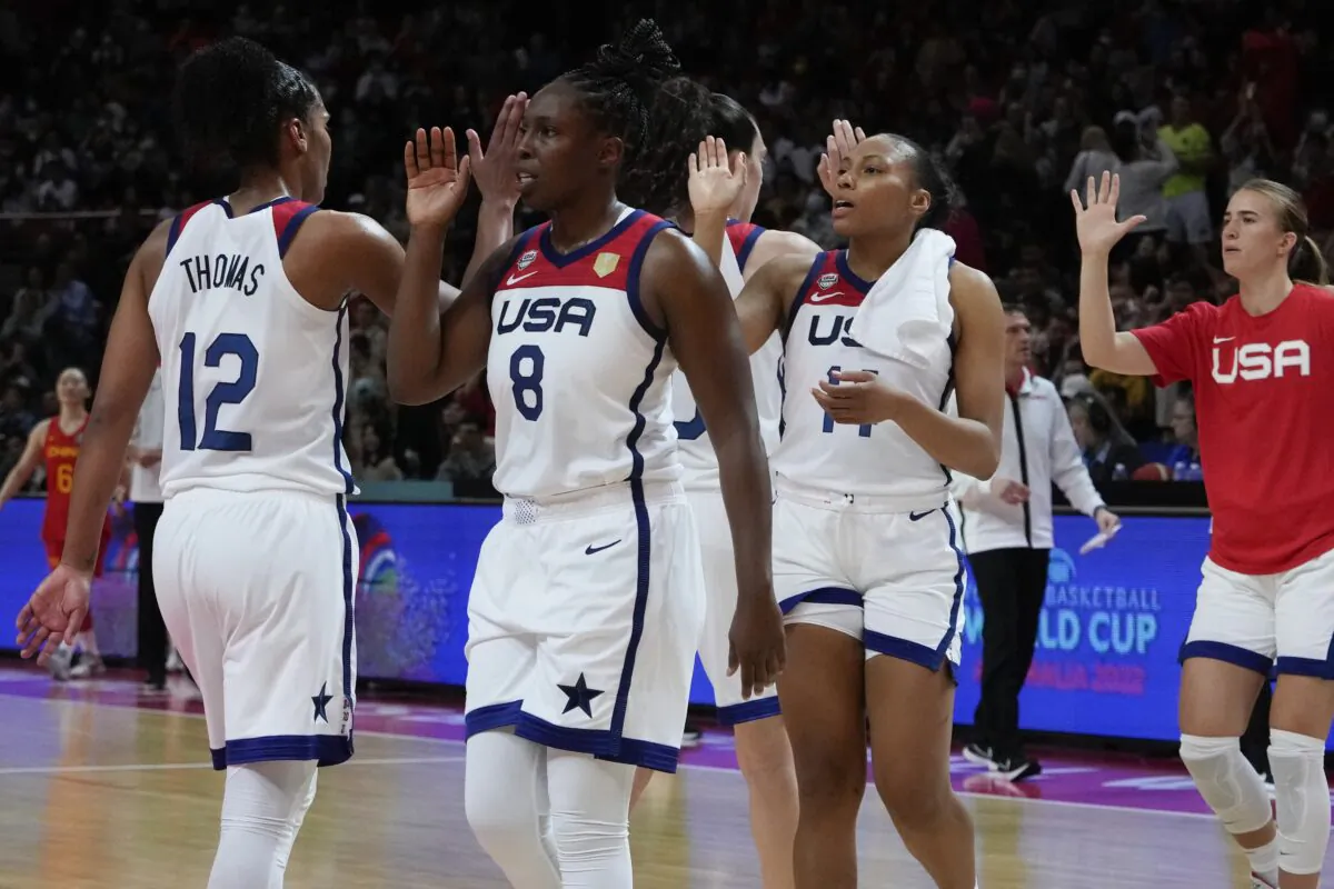 U.S. players celebrate after defeating China in their game at the women's Basketball World Cup in Sydney on Sept. 24, 2022. (Mark Baker/AP Photo)