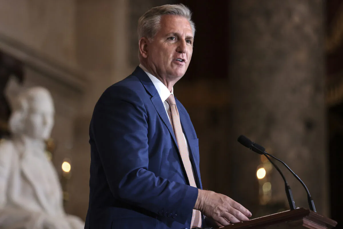 House Minority Leader Kevin McCarthy (R-Calif.), speaks during the Congressional Gold Medal Ceremony to honor the merchant mariners of World War II in Washington on May 18, 2022. (Oliver Contreras/Getty Images)