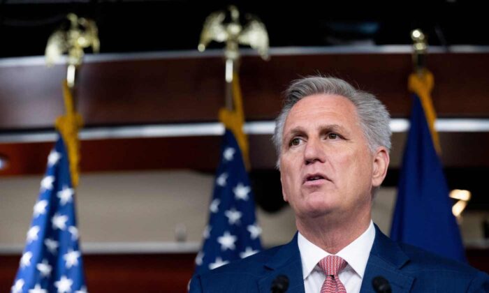 House Minority Leader Kevin McCarthy, (R-Calif.), holds a press conference on Capitol Hill in Washington, on June 9, 2022. (Saul Loeb/AFP via Getty Images)