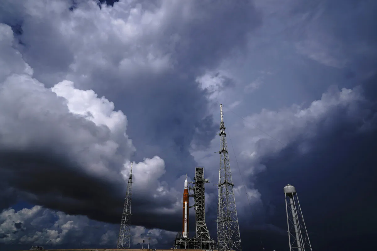 The NASA moon rocket stands on Pad 39B before a launch attempt for the Artemis 1 mission to orbit the moon at the Kennedy Space Center in Cape Canaveral, Fla on Sept. 2, 2022. (Brynn Anderson/AP Photo)
