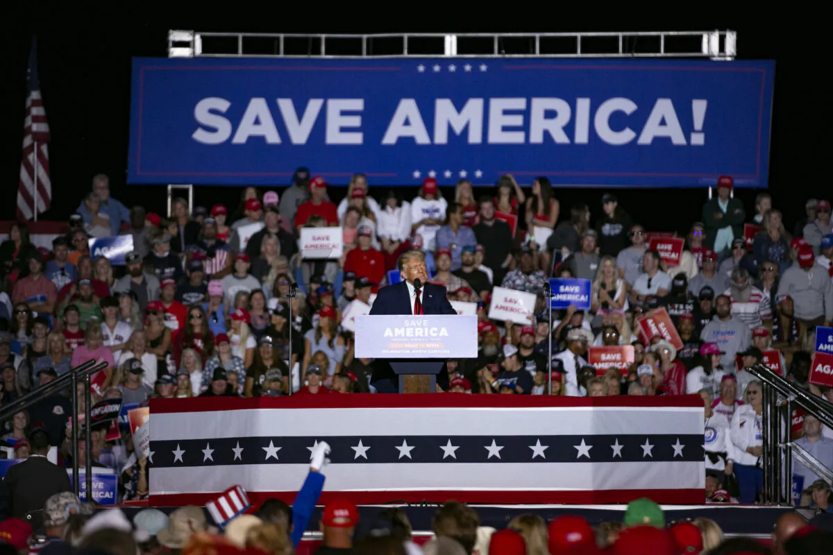 Former President Donald Trump speaks at a Save America Rally at the Aero Center Wilmington on September 23, 2022 in Wilmington, North Carolina. (Allison Joyce/Getty Images)