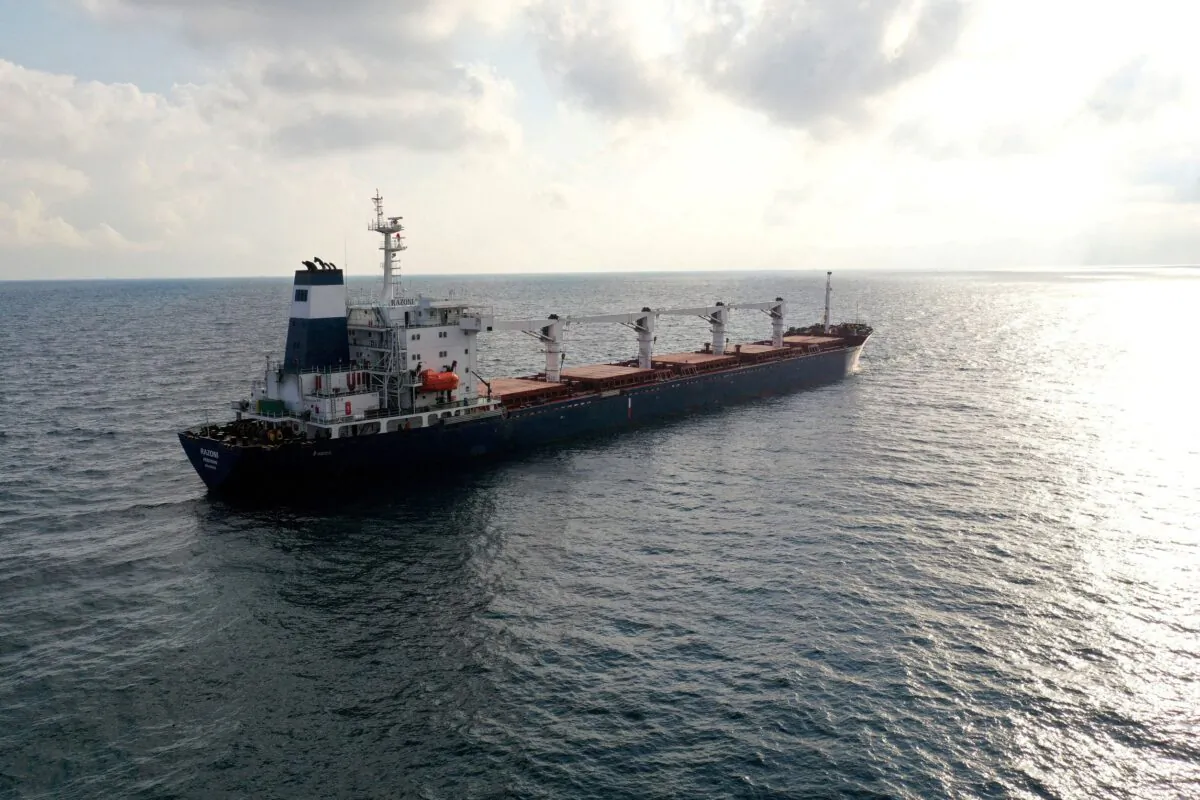 The Sierra Leone-flagged cargo ship Razoni, carrying Ukrainian grain, in the Black Sea off Kilyos, near Istanbul, Turkey, on Aug. 3, 2022. (Mehmet Emin Caliskan/Reuters)