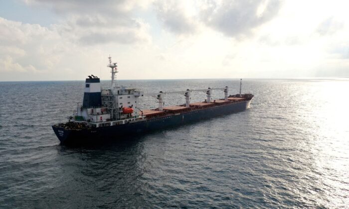 The Sierra Leone-flagged cargo ship Razoni, carrying Ukrainian grain, in the Black Sea off Kilyos, near Istanbul, Turkey, on Aug. 3, 2022. (Mehmet Emin Caliskan/Reuters)