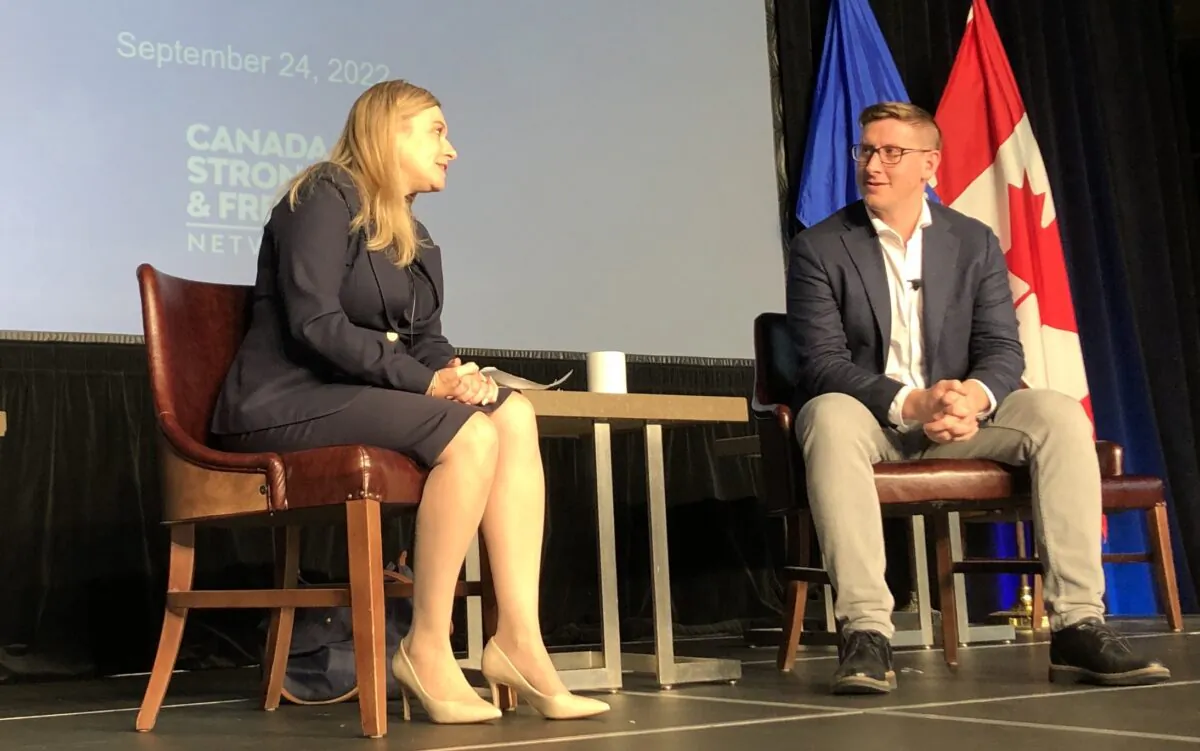 Conservative MP Stephanie Kusie and Michael Wilson, an adviser to Pierre Poilievre's leadership campaign, participate in the Canada Strong and Free Regional Networking Conference in Red Deer, Alberta, on Sept. 24, 2022. (Noé Chartier/The Epoch Times)