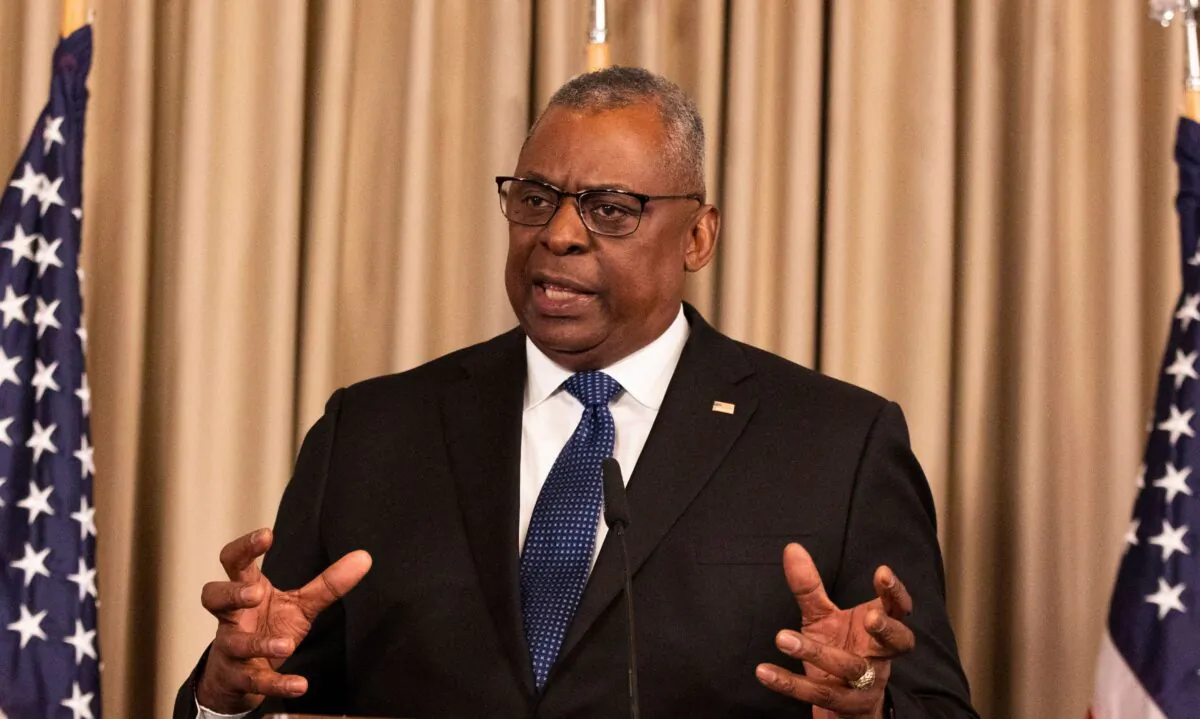 Secretary of Defense Lloyd Austin delivers a closing statement during a press conference at Ramstein Air Base in Ramstein, western Germany, on Sept. 8, 2022. (Andre Pain/AFP via Getty Images)