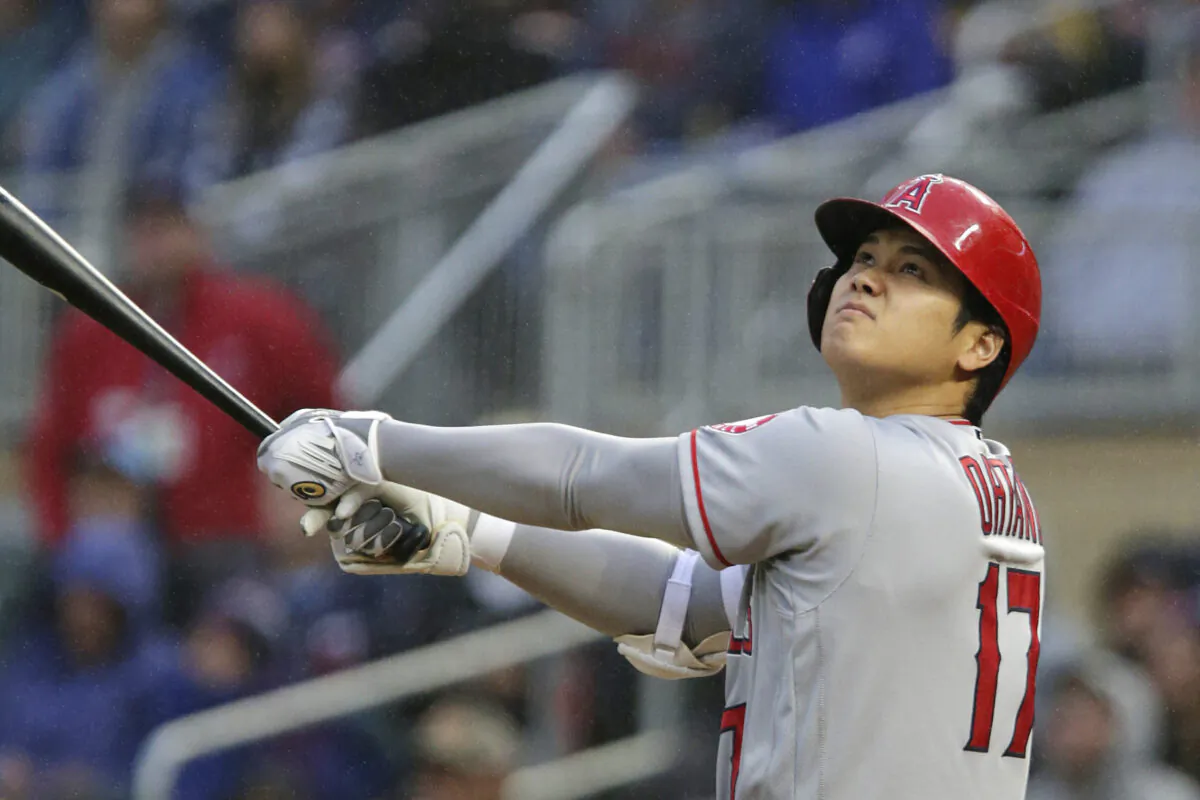 Los Angeles Angels Shohei Ohtani flies out during the first inning of the team's baseball game against the Minnesota Twins in Minneapolis, on Sept. 24, 2022. (Andy Clayton-King/AP Photo)