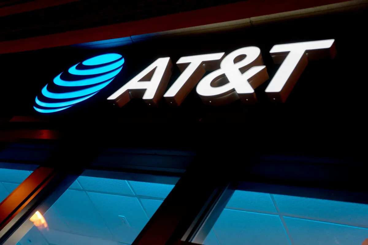 The AT&T logo is displayed at a store in Washington on Jan. 18, 2022. (Stefani Reynolds/AFP via Getty Images)