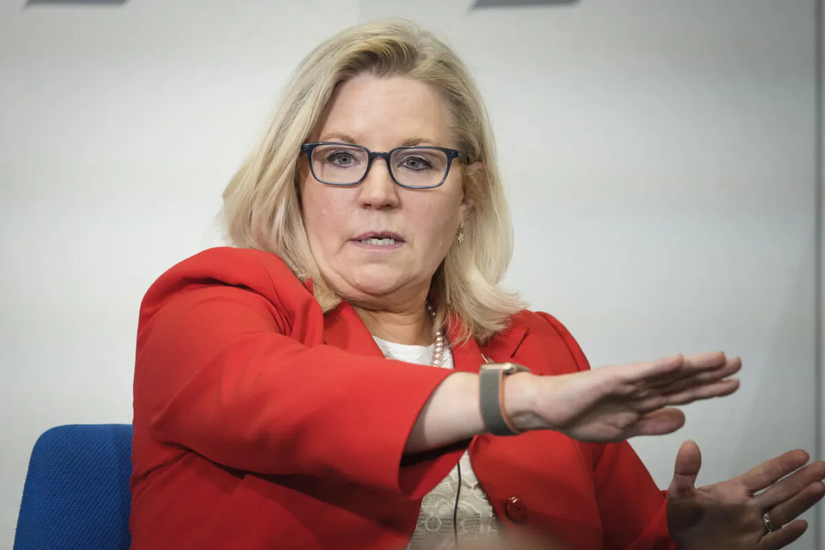 Rep. Liz Cheney (R-Wyo.) speaks during a Constitution Day lecture at the American Enterprise Institute in Washington on Sept. 19, 2022. (Drew Angerer/Getty Images)