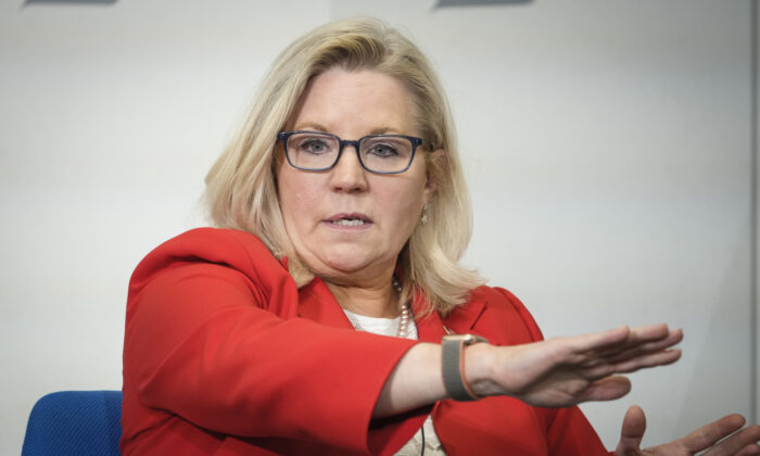 Rep. Liz Cheney (R-Wyo.) speaks during a Constitution Day lecture at the American Enterprise Institute in Washington on Sept. 19, 2022. (Drew Angerer/Getty Images)