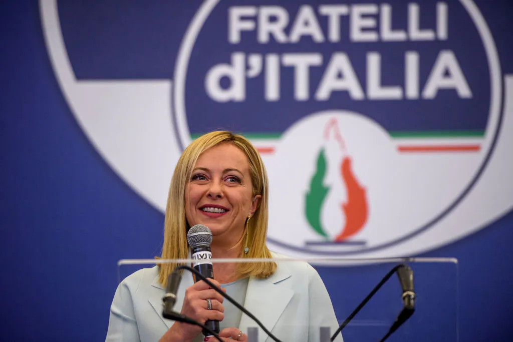 Giorgia Meloni, leader of the Fratelli d'Italia (Brothers of Italy) speaks at a press conference at the party electoral headquarters overnight in Rome, Italy, on Sept. 26, 2022. The snap election was triggered by the resignation of Prime Minister Mario Draghi in July, following the collapse of his big-tent coalition of leftist, right-wing, and centrist parties. (Antonio Masiello/Getty Images)
