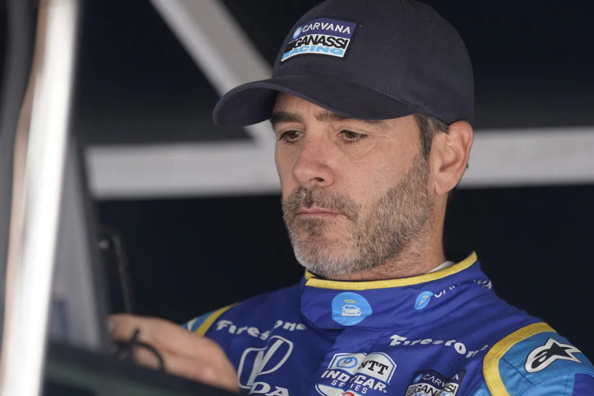Jimmie Johnson sits in his pit box before the final practice for the Indianapolis 500 auto race at Indianapolis Motor Speedway in Indianapolis on May 27, 2022. (Darron Cummings/AP Photo)